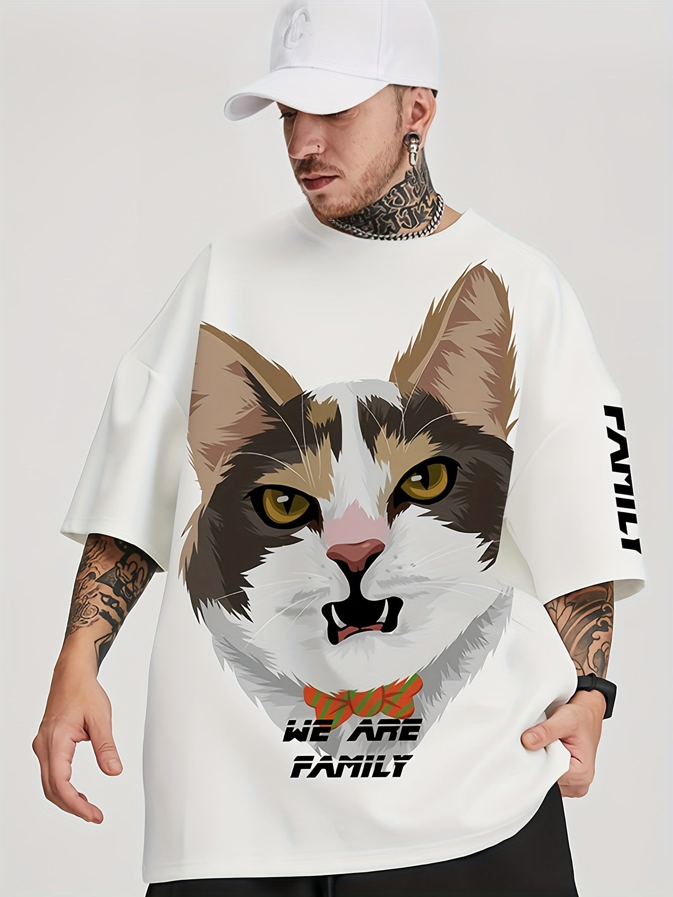 Fierce Cute Cat Graphic T-Shirt for Men - SANSYAS Brand, Loose Fit Casual Crew Neck Short Sleeve Tee with Bold Cat Design