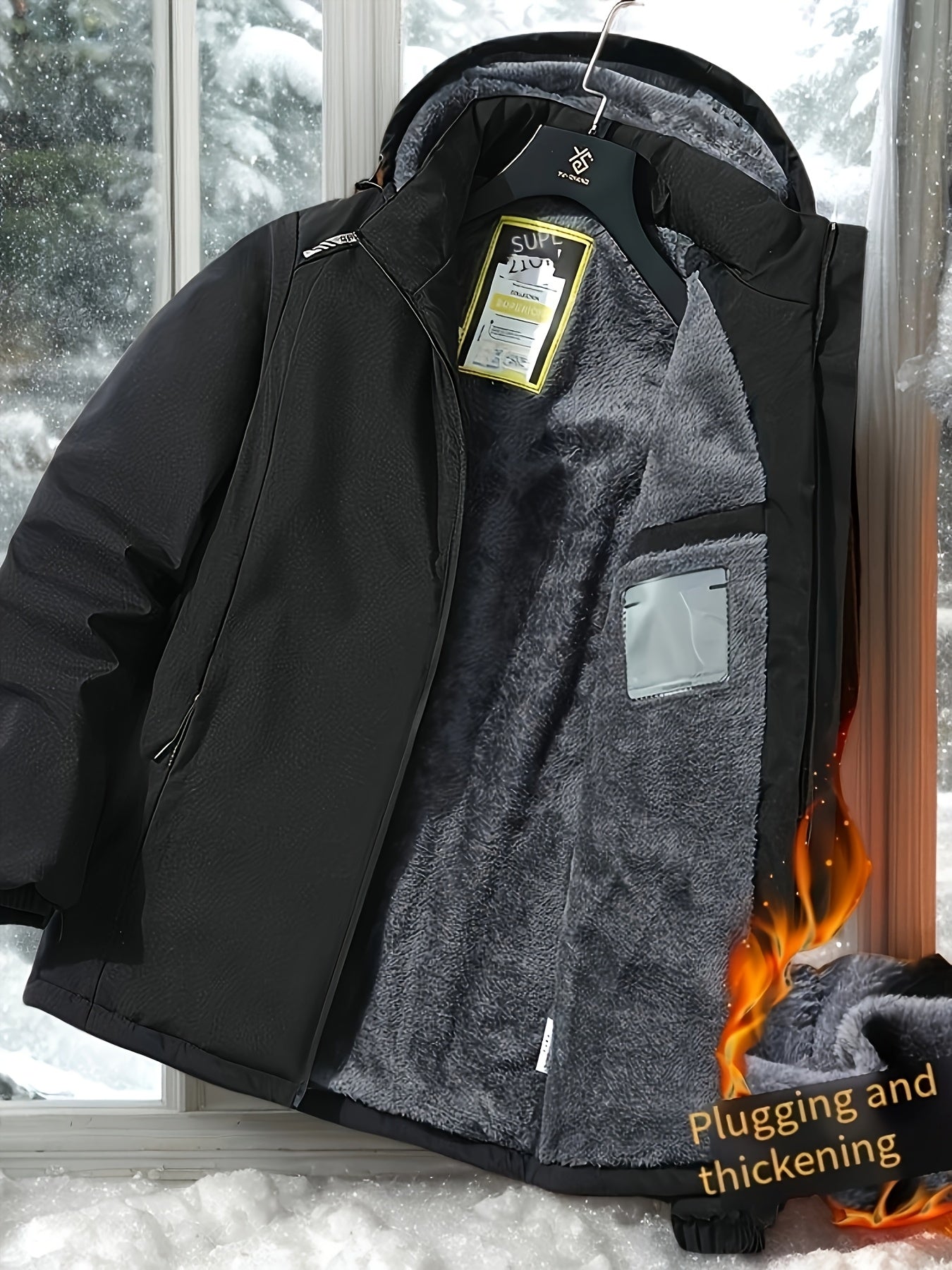 Warm Hooded Jacket Winter Warm Fleece-Lined Men's Hooded Jacket
