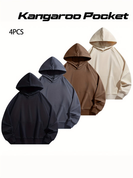 4pcs Solid Color Hoodies with Kangaroo Pocket - Casual & Sporty Men's Pullover Sweatshirts for Fall