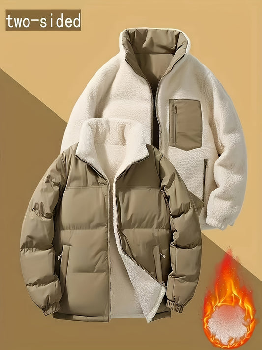 Reversible Winter Jacket - Double-Sided Plush Coat with White & Brown Hides