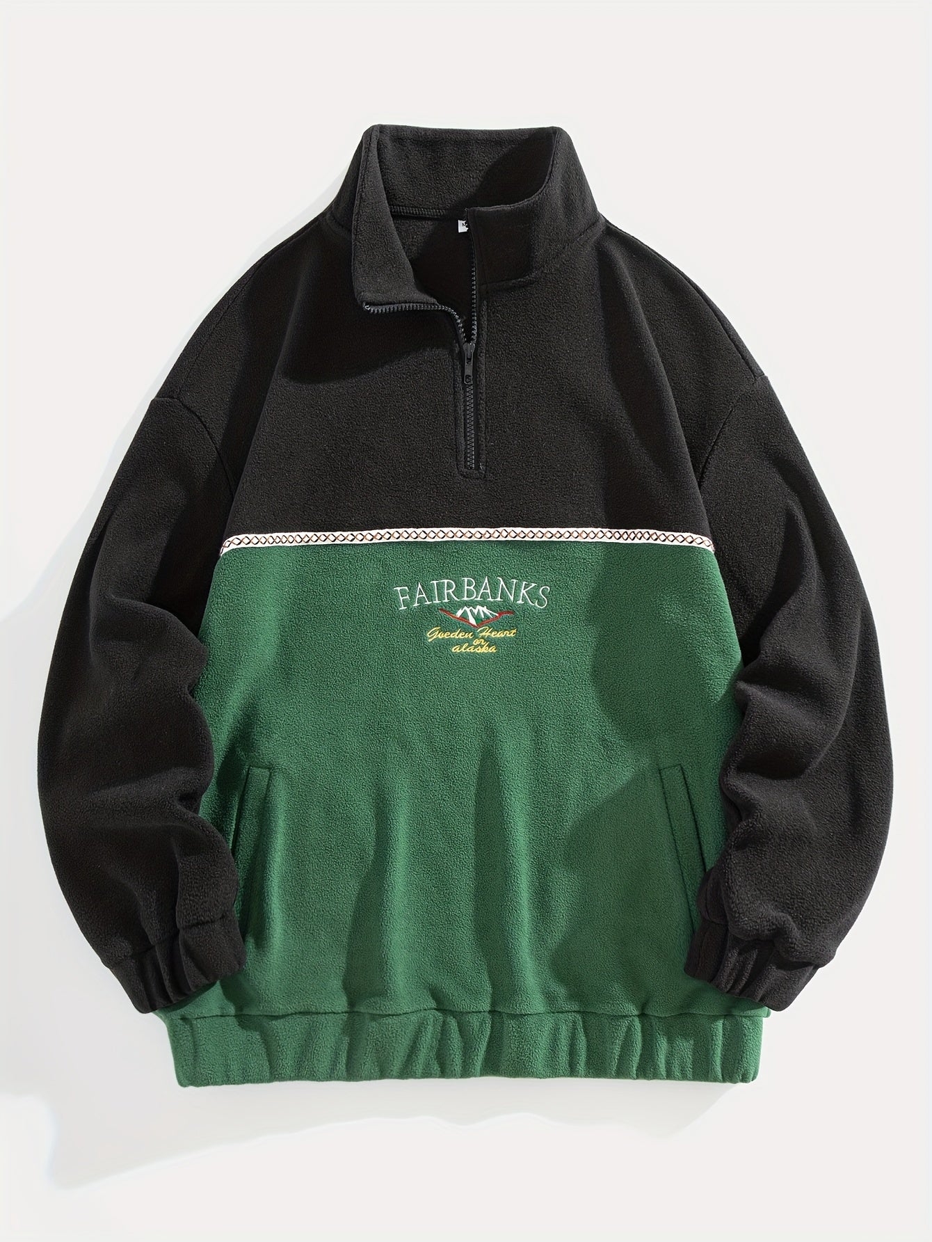 Men'S Color Block Fleece Zip-Up Hoodie with Embroidered Logo - High Neck, Long Sleeve