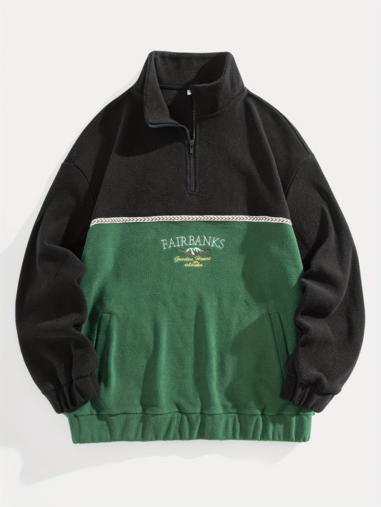 Men'S Color Block Fleece Zip-Up Hoodie with Embroidered Logo - High Neck, Long Sleeve