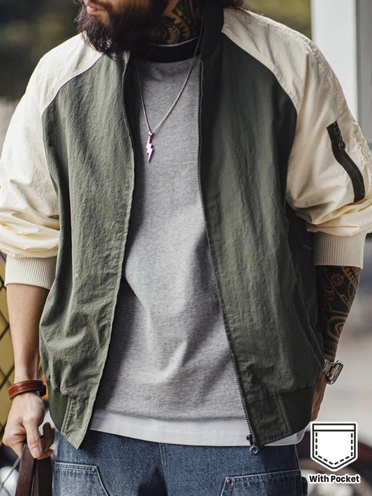 MADEN Men's Vintage MA1 Bomber Jacket - Olive Green & Contrast Zip-Up Baseball Collar