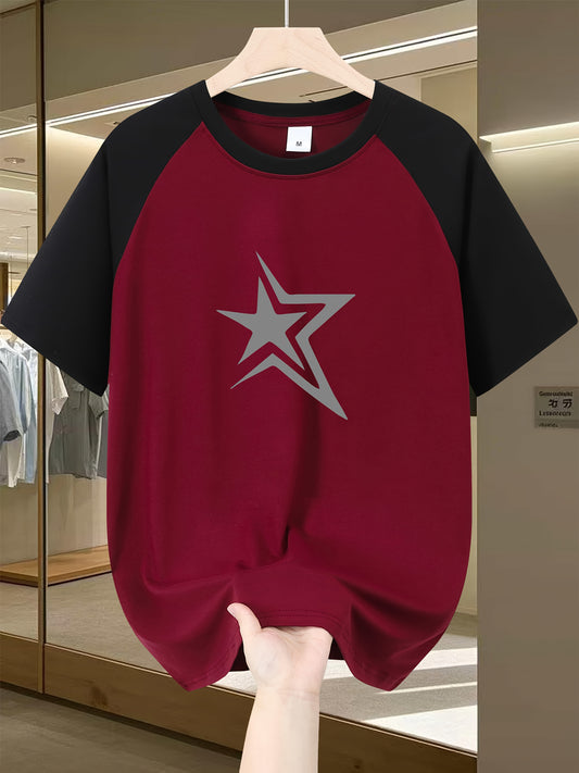 Men'S Casual Crew Neck T-Shirt with Star Graphic, Short Sleeve, Regular Fit, Slight Stretch Fabric, Summer Fashion Tee