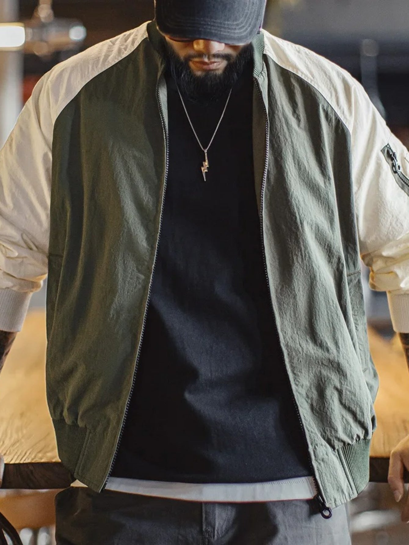 MADEN Men's Vintage MA1 Bomber Jacket - Olive Green & Contrast Zip-Up Baseball Collar