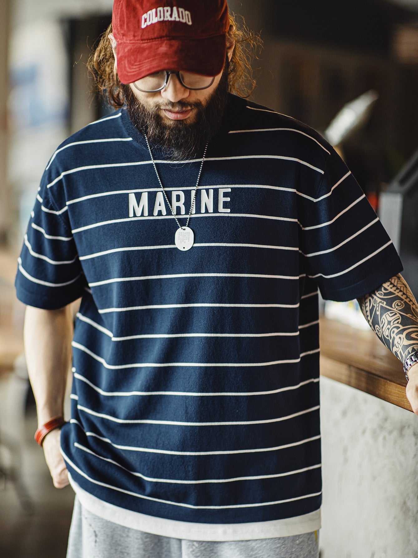 Men'S Vintage-Inspired Navy Blue & White Striped T-Shirt with \