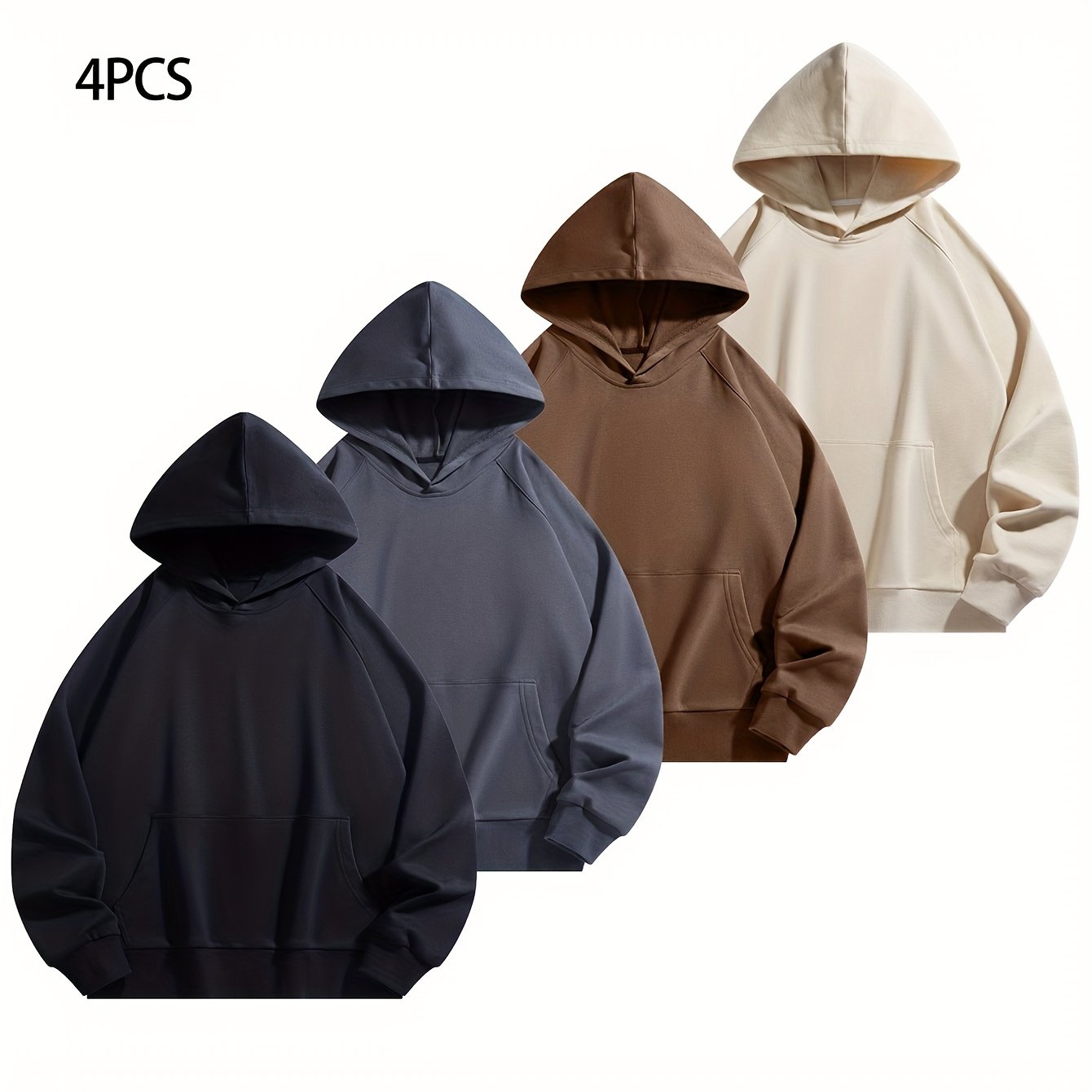 4pcs Solid Color Hoodies with Kangaroo Pocket - Casual & Sporty Men's Pullover Sweatshirts for Fall