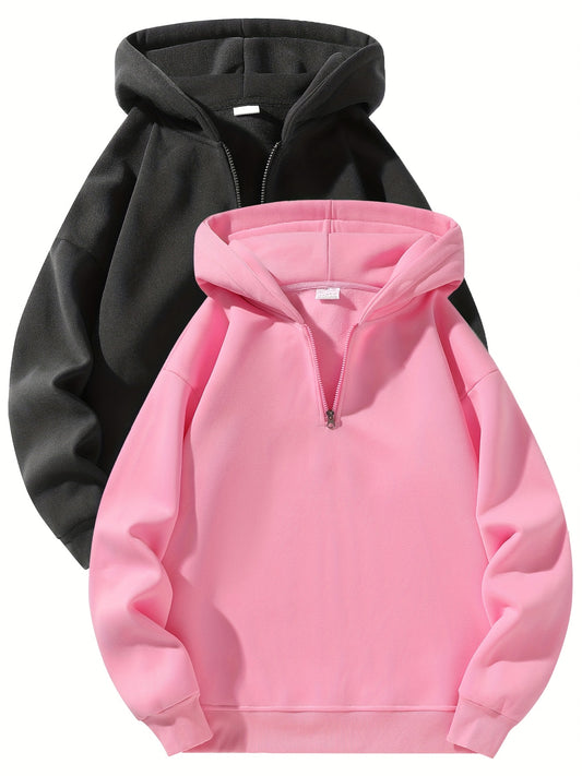 Sporty Sweatshirts 2pcs Sporty Comfortable Fleece-Lined Half-Zip Hooded Sweatshirts