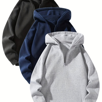 3pcs Fleece Hoodies 3pcs Men's Fleece-Lined Half-Zip Hooded Sweatshirts