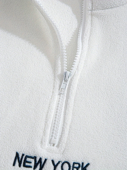 Preppy Style Embroidered Fleece Sweatshirt - Color Block Knit Fabric, Long Sleeve, Collared Neck