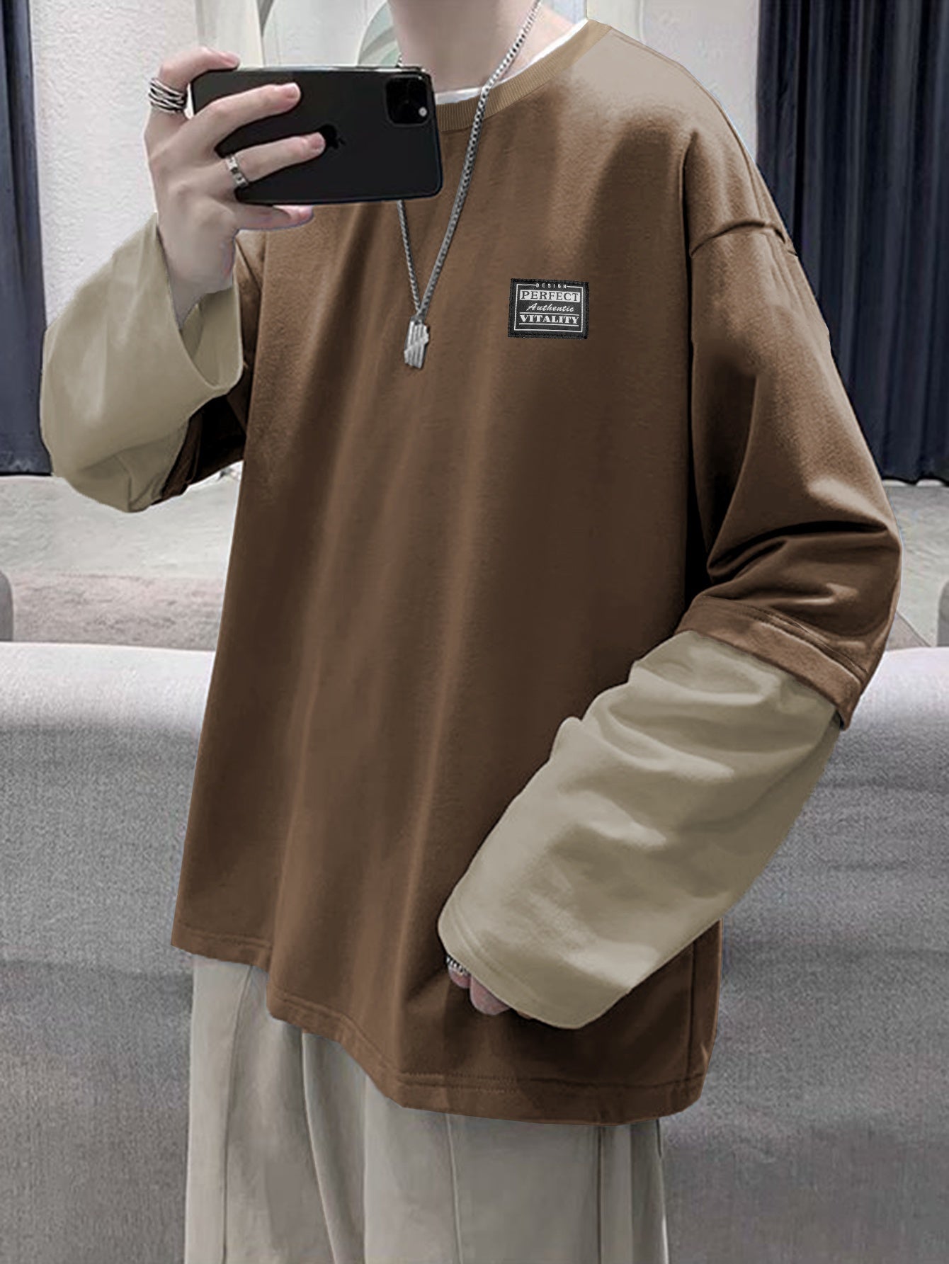 Double-Layer Long-Sleeve T-Shirt for Men, American Chapter Texture Style