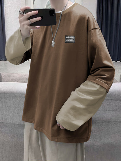 Double-Layer Long-Sleeve T-Shirt for Men, American Chapter Texture Style