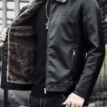 Warm Windproof PU Jacket Warm Windproof Men's Casual PU Jacket with Fleece Lining