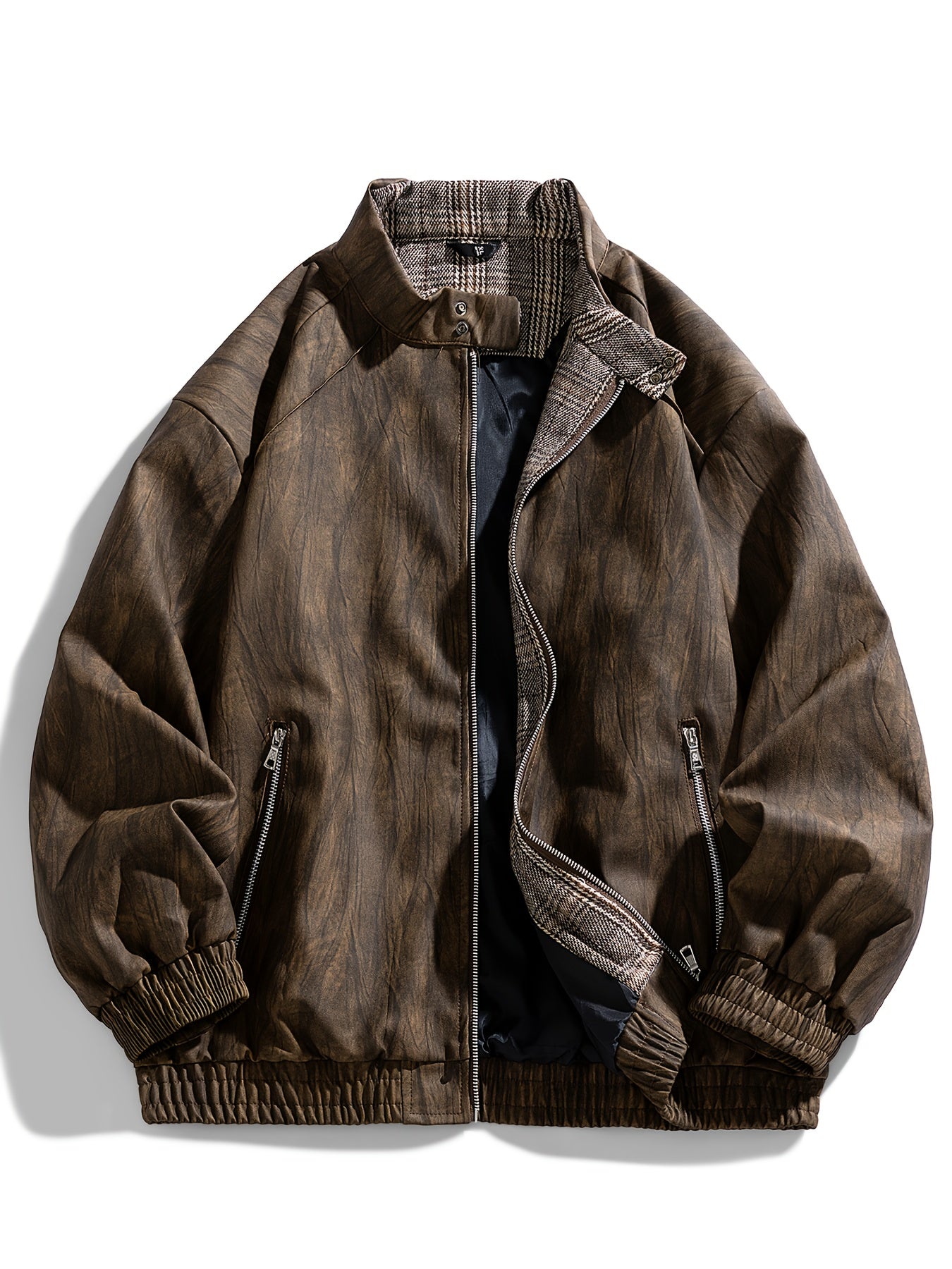 Men'S Vintage-Inspired Faux Leather Jacket - Loose Fit, Long Sleeve, Zip-Up with Chest Pockets