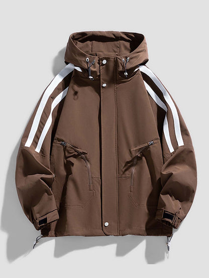 Men's Heavy-Duty Windproof Jacket - Full-Zip Hooded Windbreaker with White Stripe Collar & Cuffs