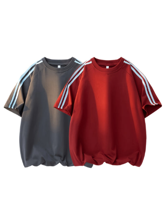 2pcs Men'S & Women'S Short Sleeve T-Shirts with Side Stripes - Comfortable Lightweight Polyester