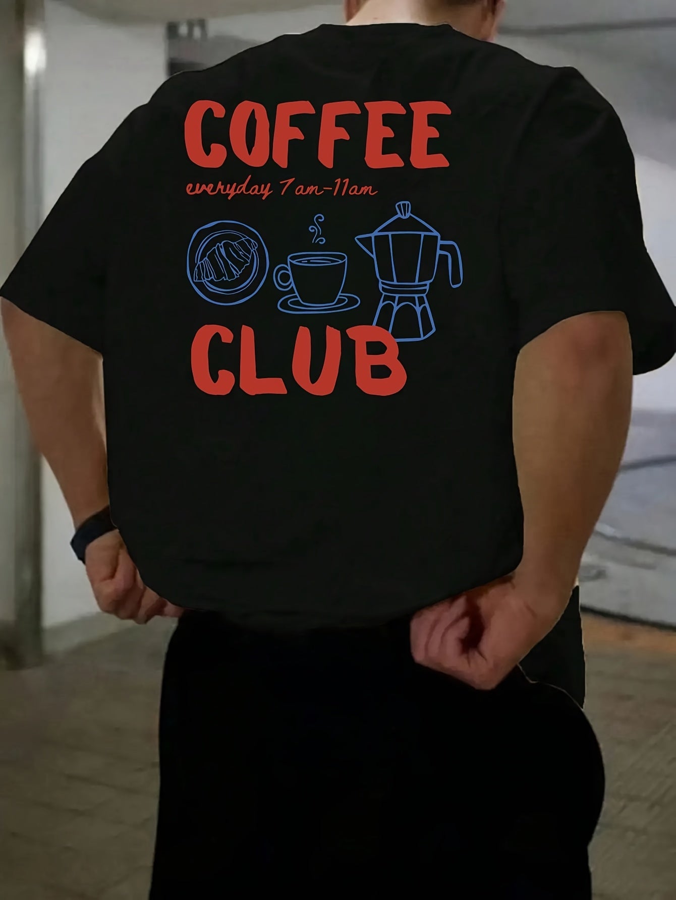 Men's short-sleeve T-shirt, 100% polyester fabric, loose fit, printed with English text and teapot design