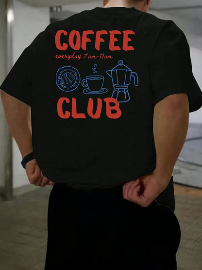 Men's short-sleeve T-shirt, 100% polyester fabric, loose fit, printed with English text and teapot design