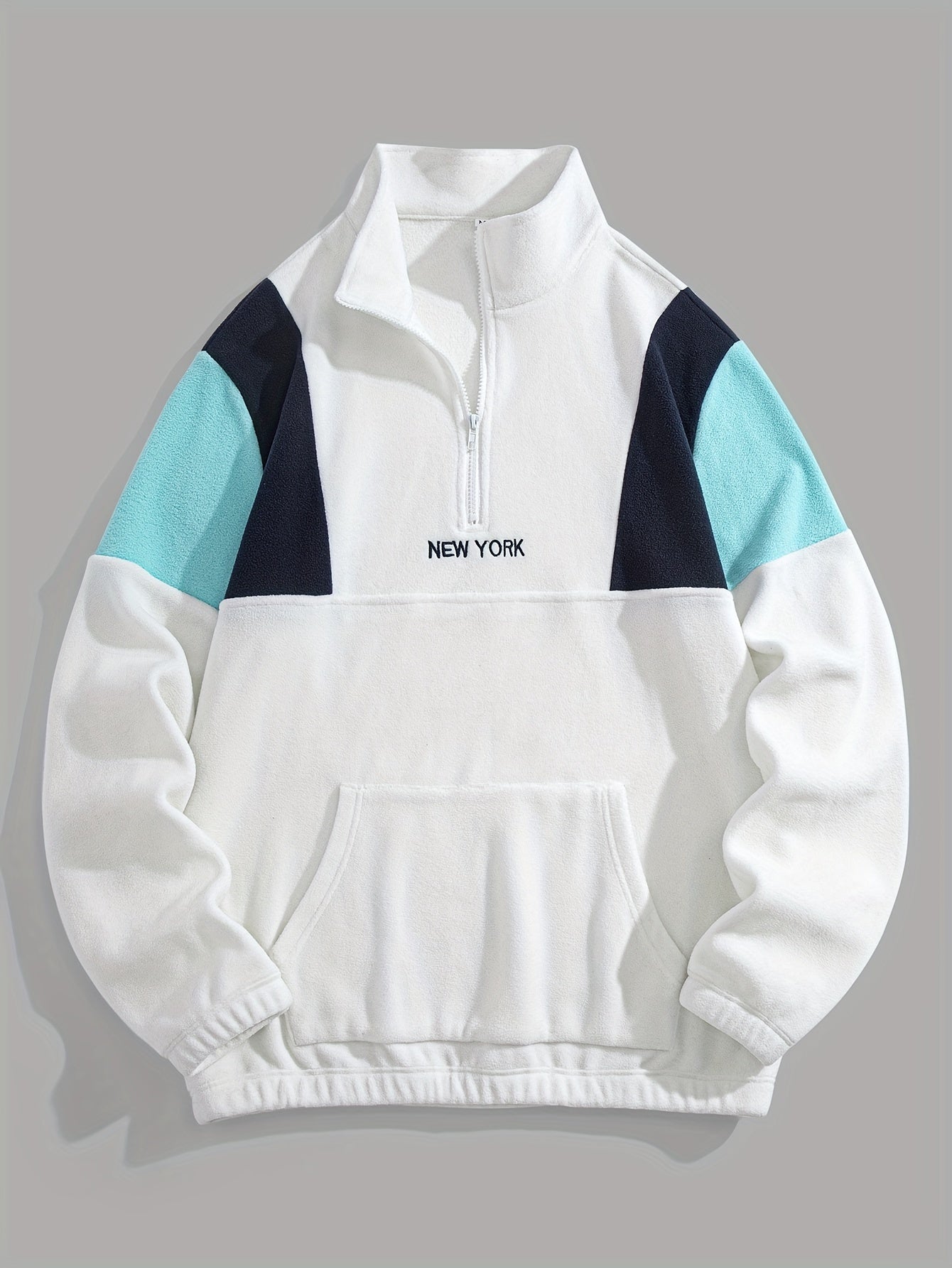 Preppy Style Embroidered Fleece Sweatshirt - Color Block Knit Fabric, Long Sleeve, Collared Neck