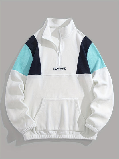 Preppy Style Embroidered Fleece Sweatshirt - Color Block Knit Fabric, Long Sleeve, Collared Neck