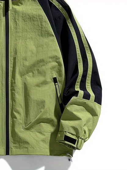 Polyester Hooded Jacket Polyester Men's Casual Hooded Jacket | Color-Block Design, Loose Fit