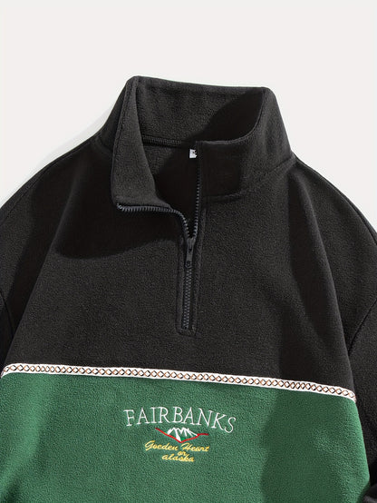 Men'S Color Block Fleece Zip-Up Hoodie with Embroidered Logo - High Neck, Long Sleeve