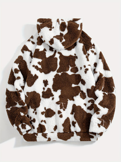 1pc Men'S Plush Hooded Sweatshirt - Soft Warm Winter Pullover with Brown & Cow Print