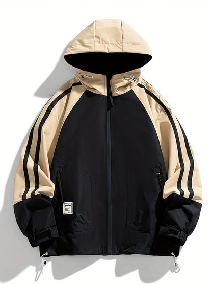 Polyester Hooded Jacket Polyester Men's Casual Hooded Jacket | Color-Block Design, Loose Fit