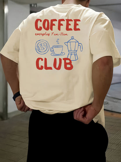 Men's short-sleeve T-shirt, 100% polyester fabric, loose fit, printed with English text and teapot design