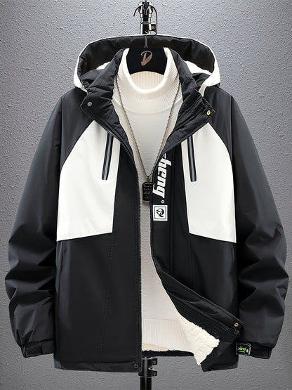 Men's Sporty Fleece-Lined Hooded Jacket - Two-Tone Olive Green & White with Contrast Stripes