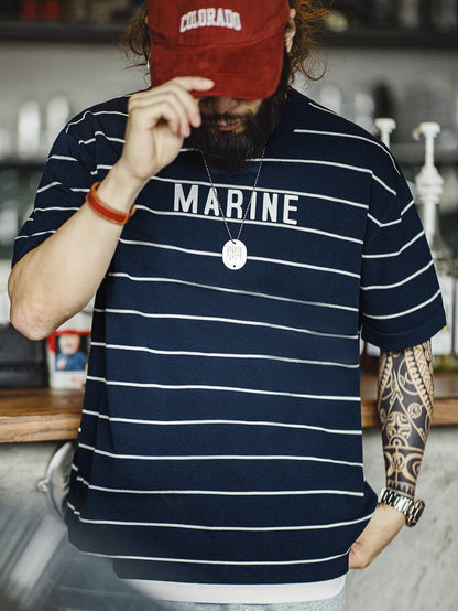 Men'S Vintage-Inspired Navy Blue & White Striped T-Shirt with \