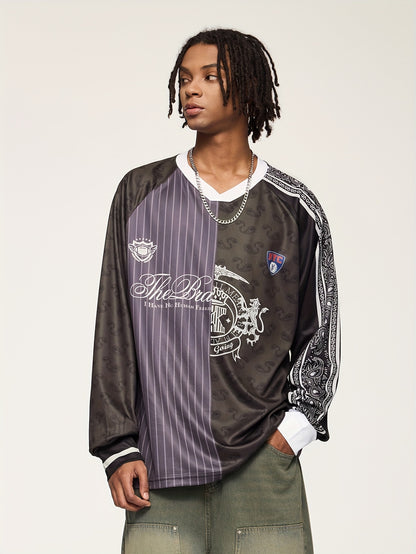 Men'S Vintage Baseball Graphic T-Shirt - Loose Fit Long Sleeve Tee with V-Neck