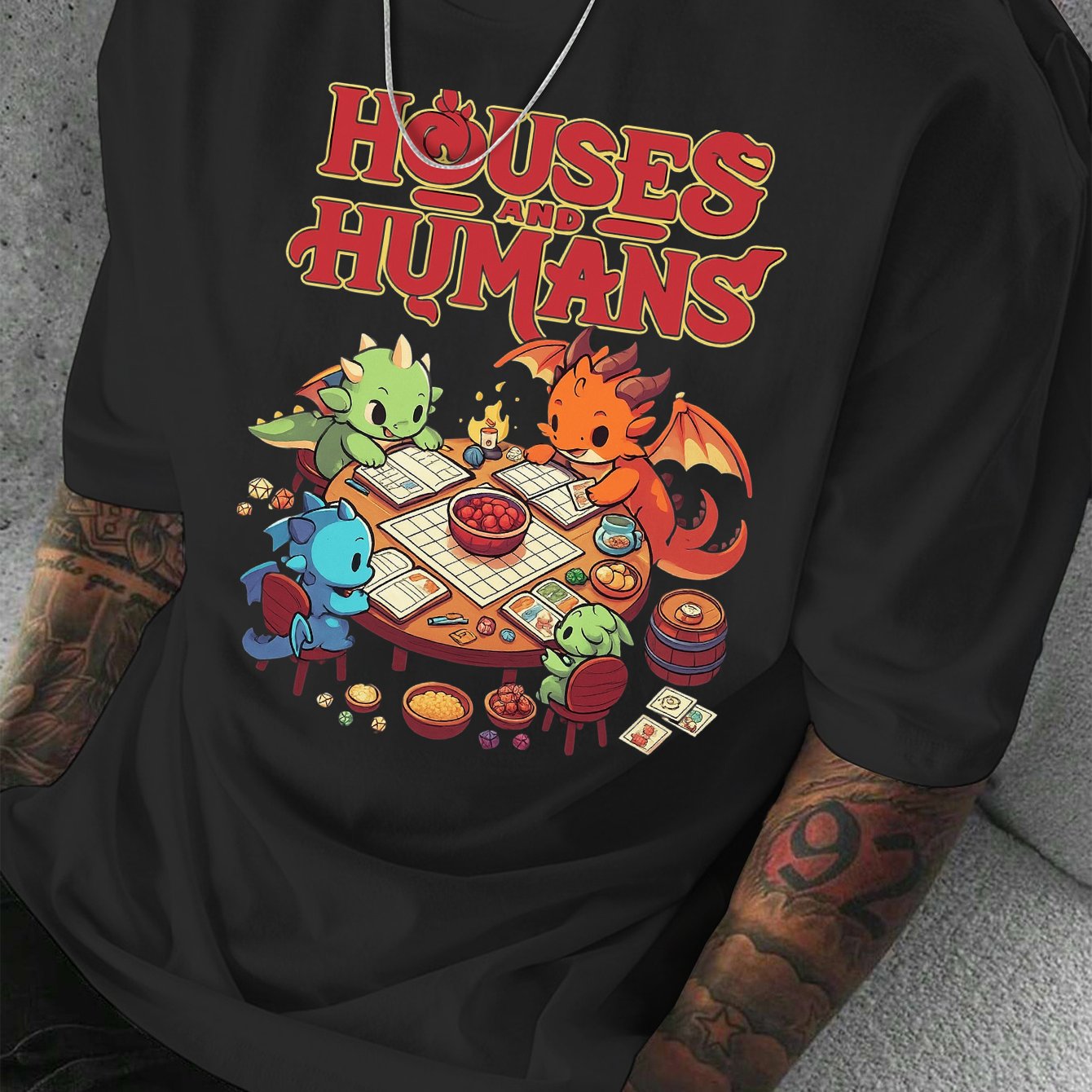 Men'S Casual Short Sleeve T-Shirt with Whimsical Dragon & Cabin Print - \