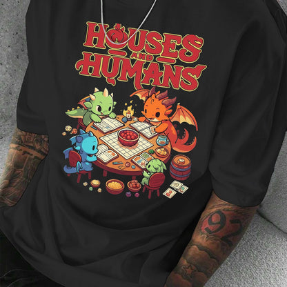 Men'S Casual Short Sleeve T-Shirt with Whimsical Dragon & Cabin Print - \