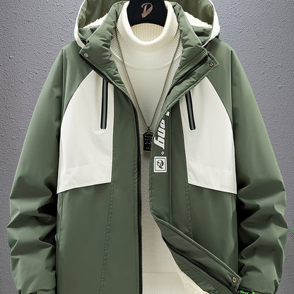 Men's Sporty Fleece-Lined Hooded Jacket - Two-Tone Olive Green & White with Contrast Stripes