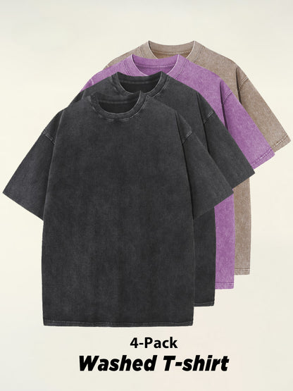 4pcs 100% Cotton Acid-Washed 230g T-Shirts - Retro Vintage Style