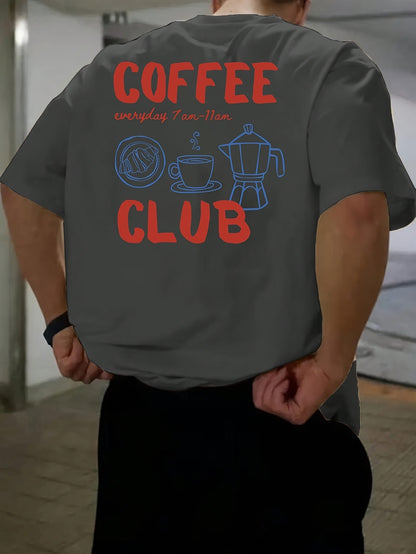 Men's short-sleeve T-shirt, 100% polyester fabric, loose fit, printed with English text and teapot design