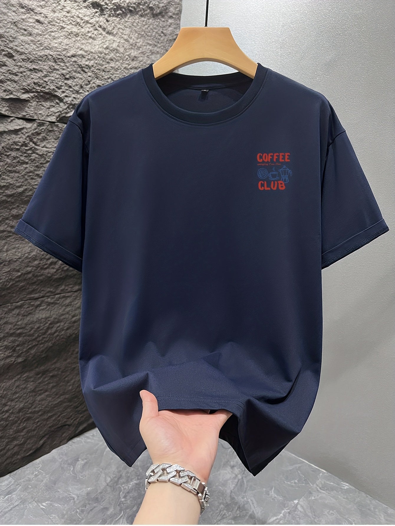 Men's short-sleeve T-shirt, 100% polyester fabric, loose fit, printed with English text and teapot design