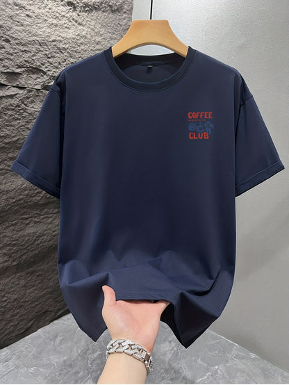 Men's short-sleeve T-shirt, 100% polyester fabric, loose fit, printed with English text and teapot design