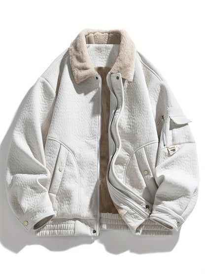 Men's Fleece Jacket with Full-Zip Closure & Fur Collar - Winter Warm Brown Coat