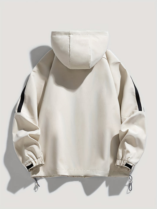 Men'S Casual Hooded Windbreaker Jacket - Loose Fit Striped Design with Black & White Stripes