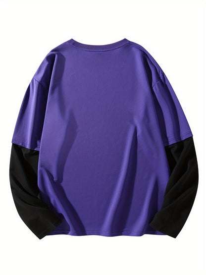Color Matching Fake Two Men's Casual Loose Long-sleeved - Line Figure Printing T-shirts