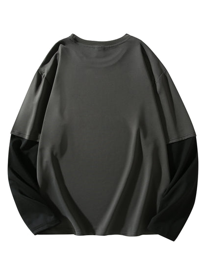 Color Matching Fake Two Men's Casual Loose Long-sleeved - Line Figure Printing T-shirts