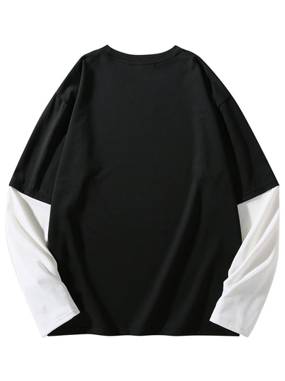 Color Matching Fake Two Men's Casual Loose Long-sleeved - Line Figure Printing T-shirts