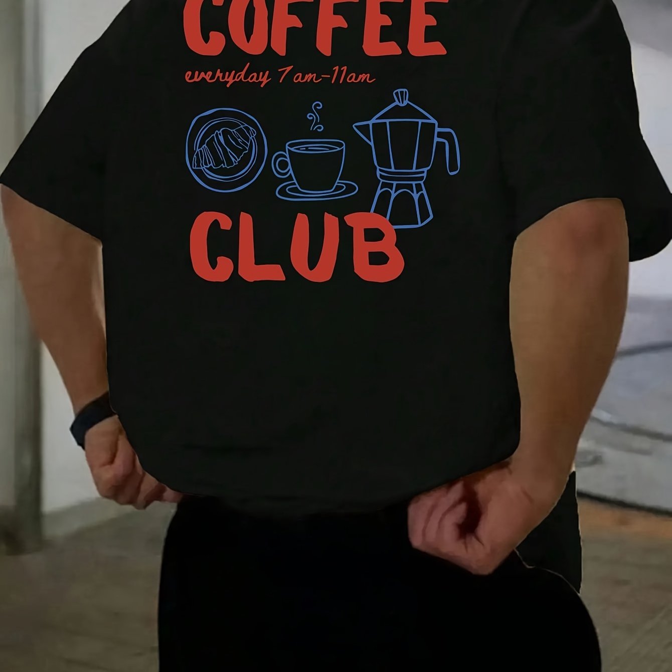 Men's short-sleeve T-shirt, 100% polyester fabric, loose fit, printed with English text and teapot design