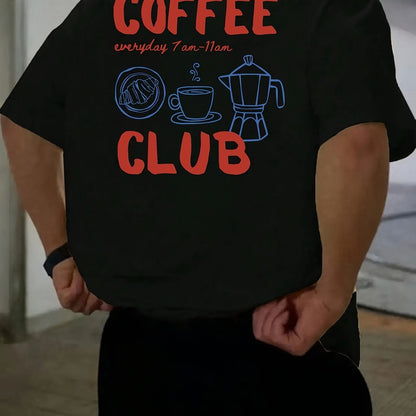 Men's short-sleeve T-shirt, 100% polyester fabric, loose fit, printed with English text and teapot design