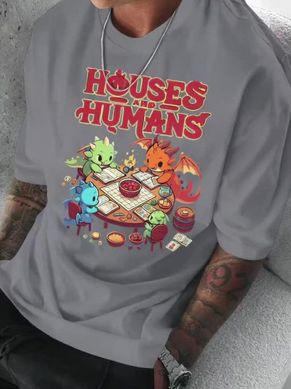 Men'S Casual Short Sleeve T-Shirt with Whimsical Dragon & Cabin Print - \