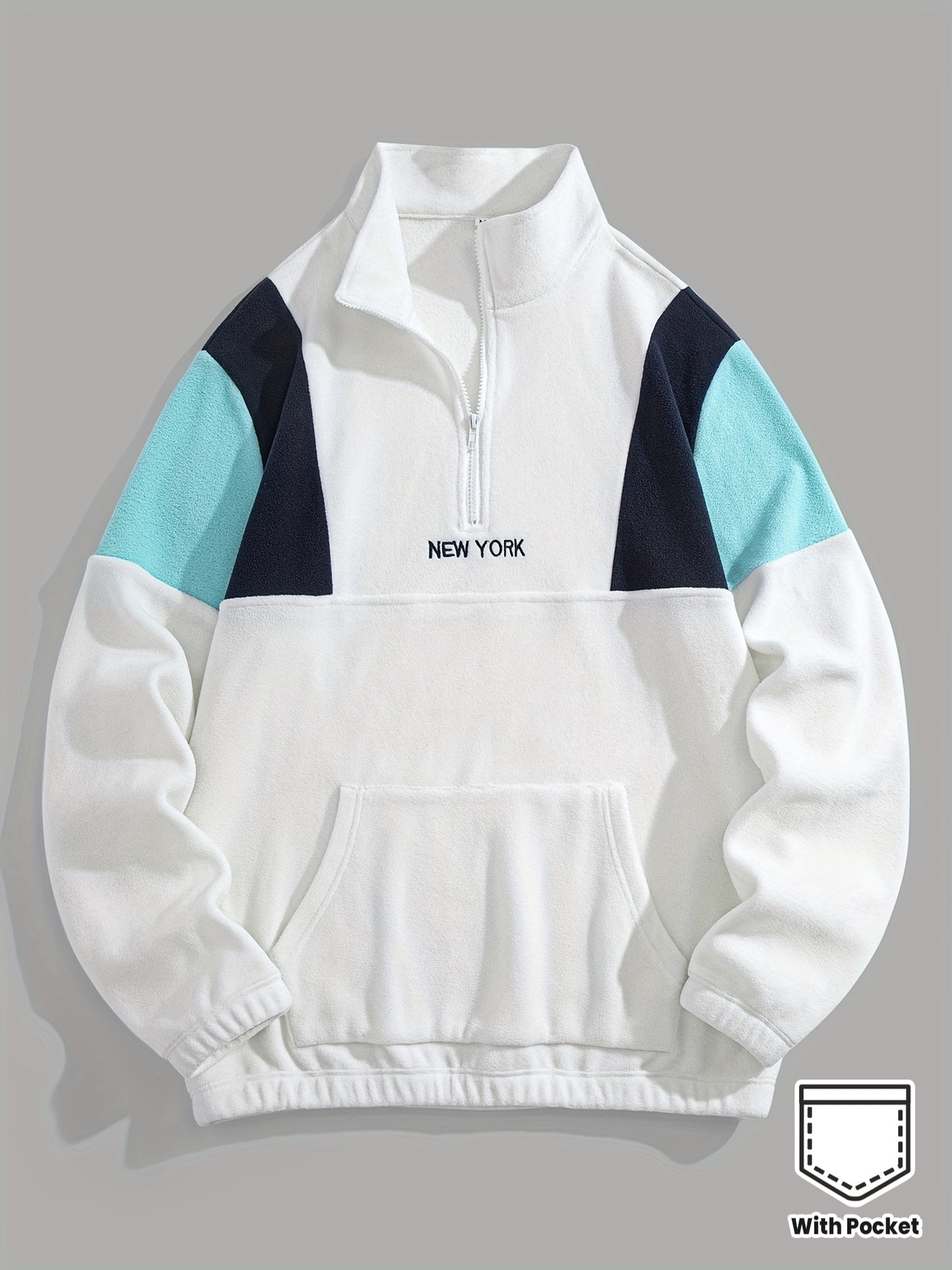 Preppy Style Embroidered Fleece Sweatshirt - Color Block Knit Fabric, Long Sleeve, Collared Neck