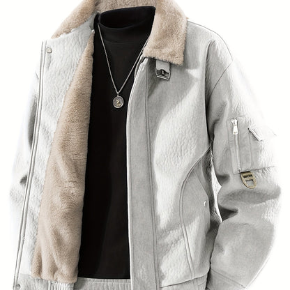 Men's Fleece Jacket with Full-Zip Closure & Fur Collar - Winter Warm Brown Coat