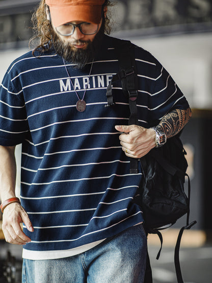 Men'S Vintage-Inspired Navy Blue & White Striped T-Shirt with \